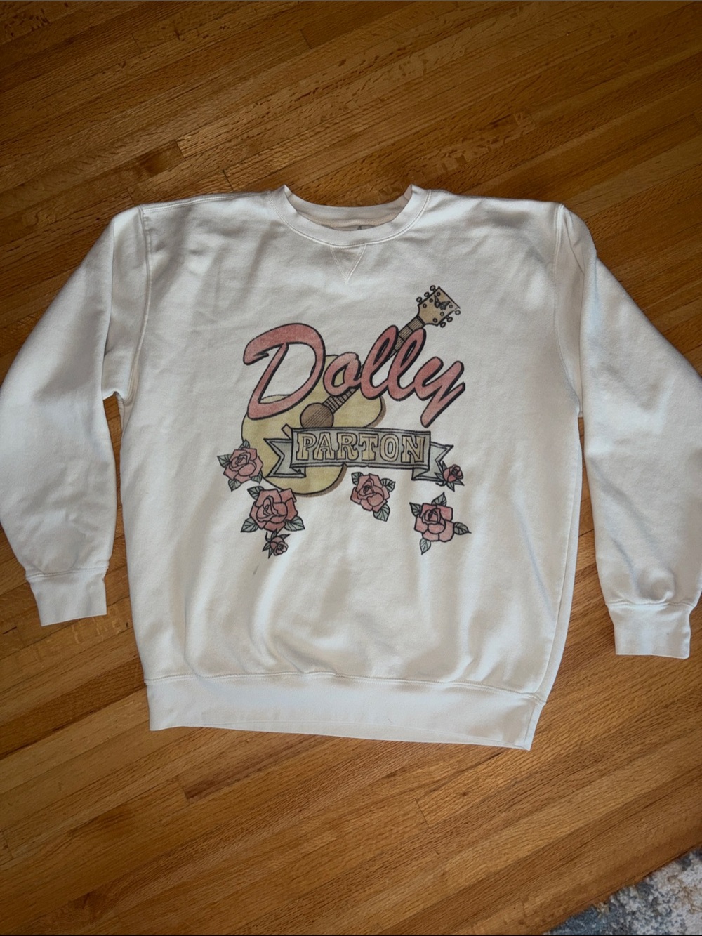 Dolly Parton White Crewneck Sweatshirt with Pink Graphic